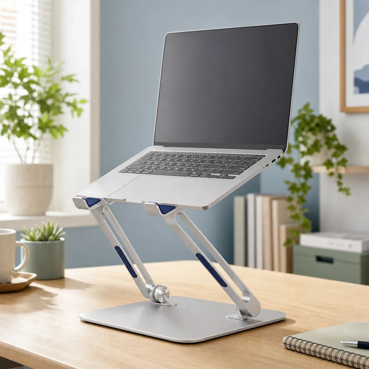 PIMOVO adjustable laptop stand supporting an unbranded laptop on a bright desk
