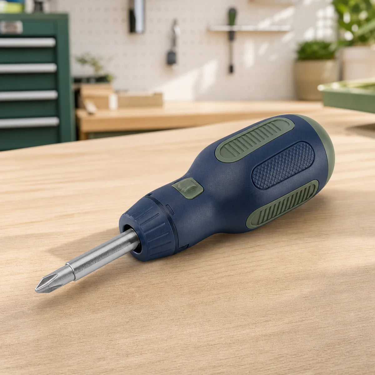 PIMOVO compact ratcheting screwdriver on a bright workshop bench