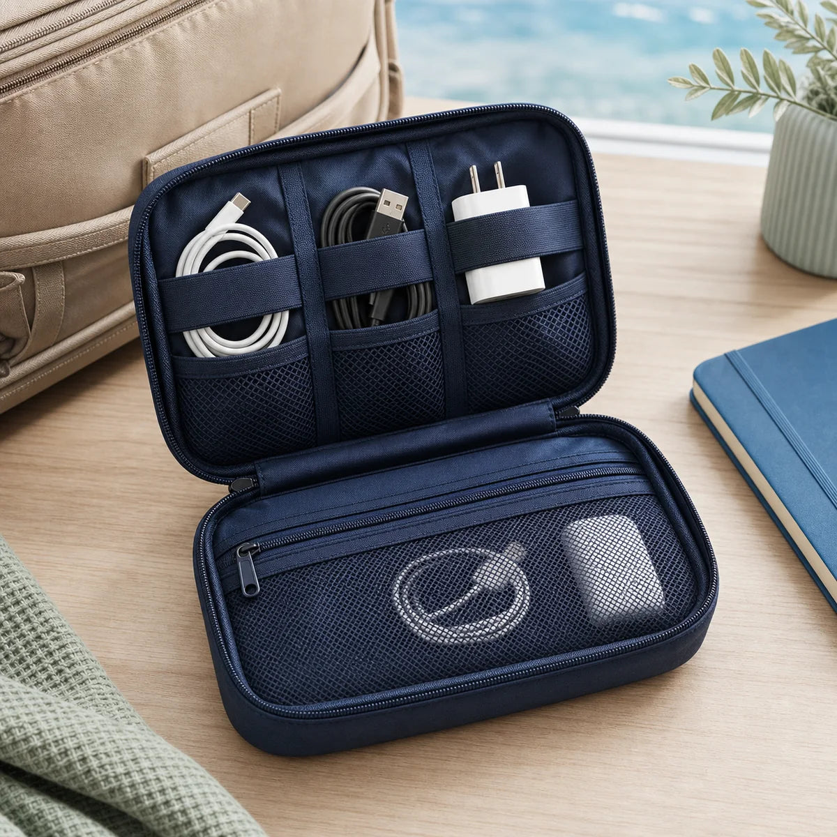 PIMOVO travel tech organizer open with cables arranged in its compartments
