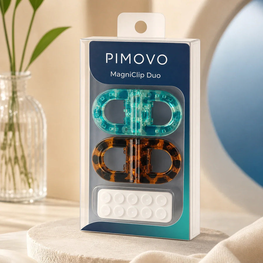 PIMOVO MagniClip Duo-verpakking met turquoise en schildpadbruine magnetische haarclip en opbergpad