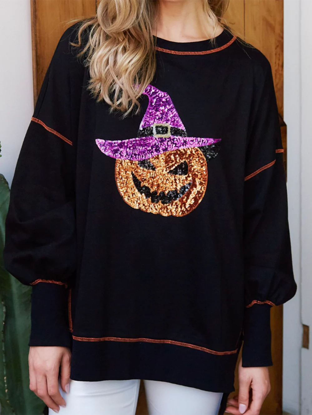 Naisten paljettikoristeinen kurpitsa-aiheinen velhon Halloween-collegepaita