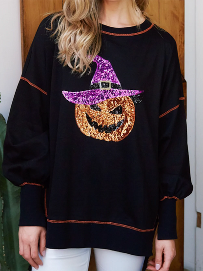 Naisten paljettikoristeinen kurpitsa-aiheinen velhon Halloween-collegepaita