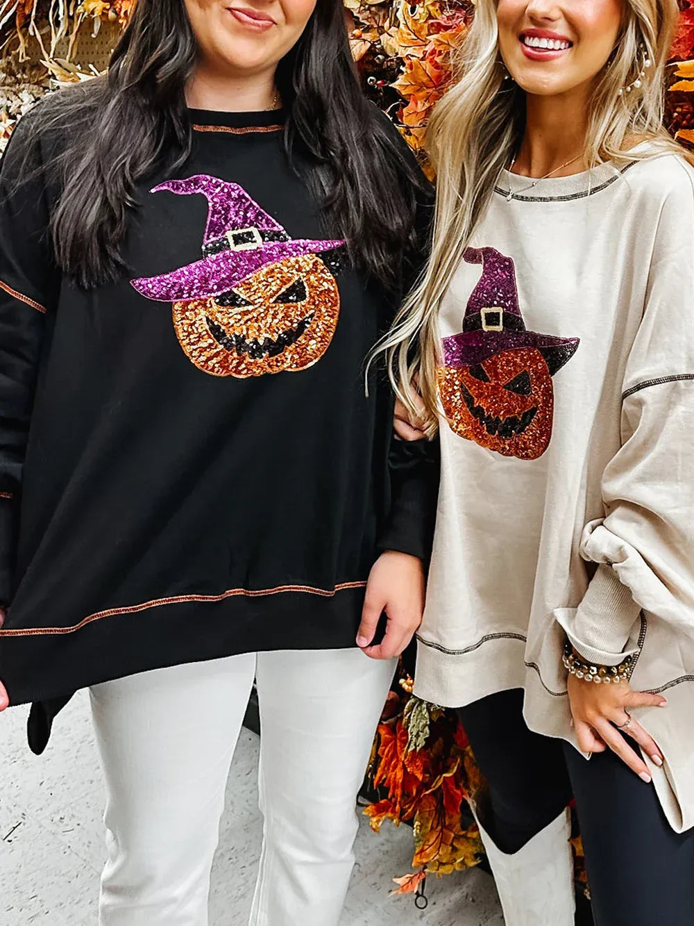 Naisten paljettikoristeinen kurpitsa-aiheinen velhon Halloween-collegepaita