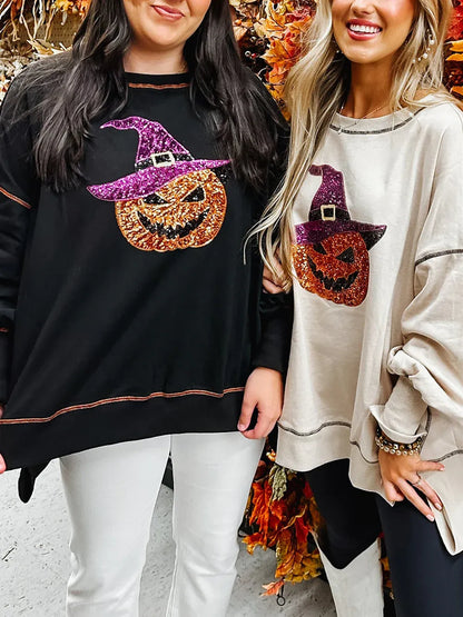 Naisten paljettikoristeinen kurpitsa-aiheinen velhon Halloween-collegepaita