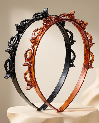 Close view of the black and tortoiseshell-brown PIMOVO ClipStyle headbands