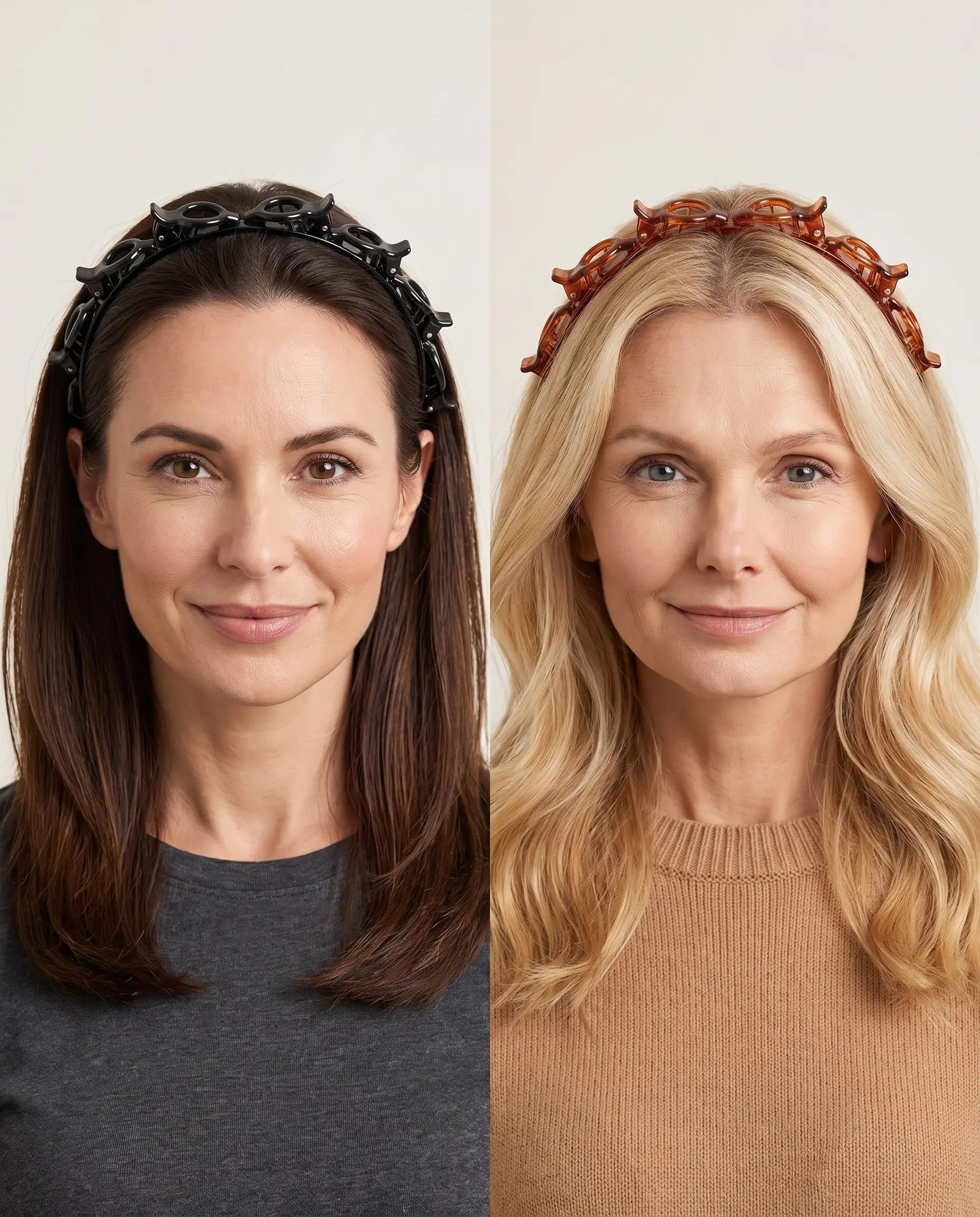 Black and tortoiseshell-brown PIMOVO ClipStyle headbands in two hairstyles