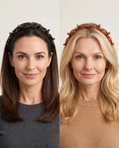 Black and tortoiseshell-brown PIMOVO ClipStyle headbands in two hairstyles