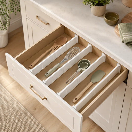 PIMOVO adjustable drawer organizer dividers in a bright kitchen drawer