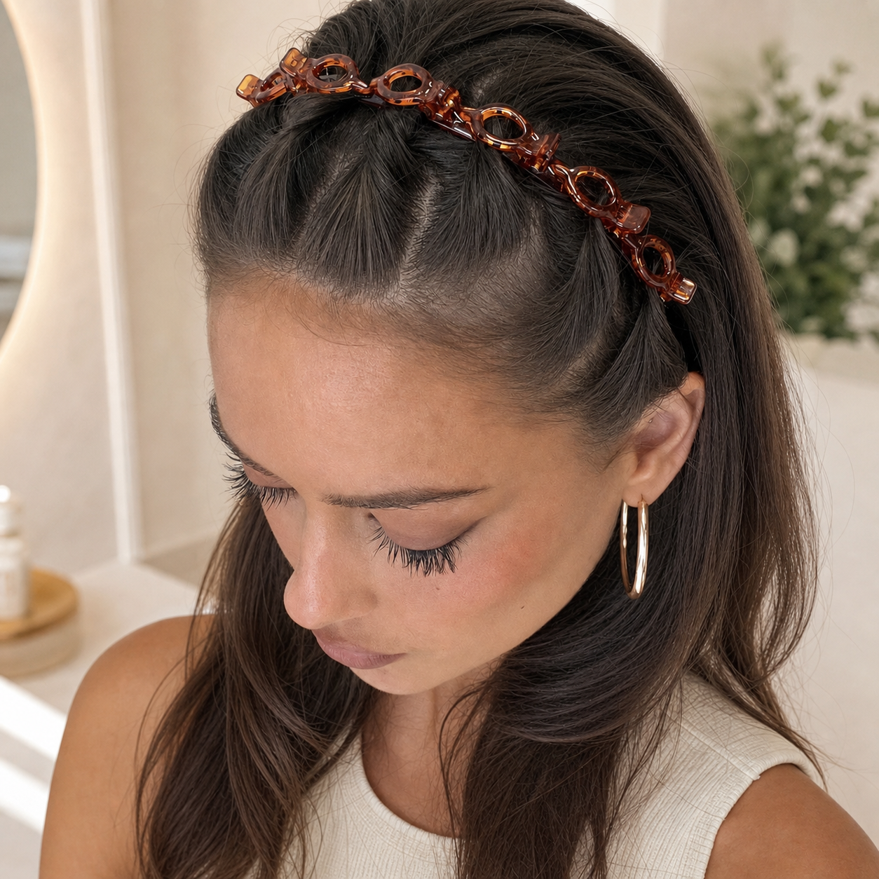 Verzorgd kapsel met de amberbruine PIMOVO ClipStyle-haarband