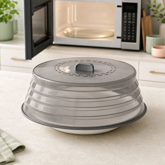 PIMOVO collapsible microwave cover on a plate in a bright kitchen