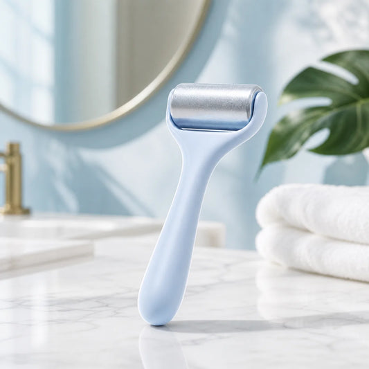 PIMOVO cooling facial roller in a bright modern bathroom setting