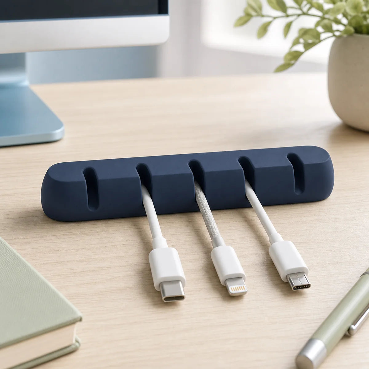 PIMOVO desktop cable organizer holding three cables on a bright desk
