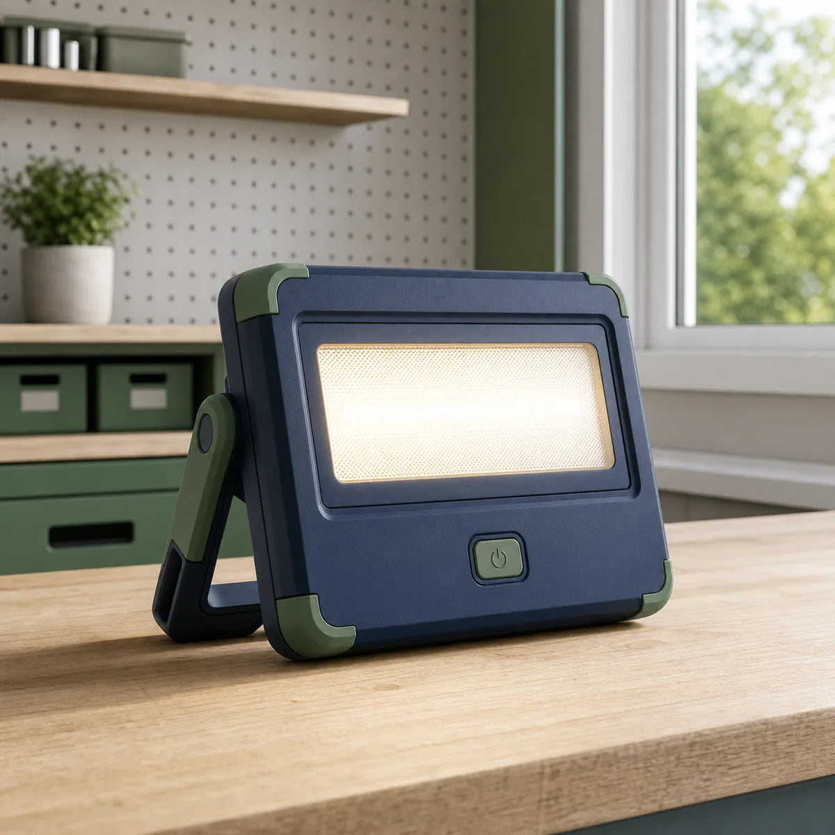 PIMOVO portable work light with adjustable kickstand in a bright workshop