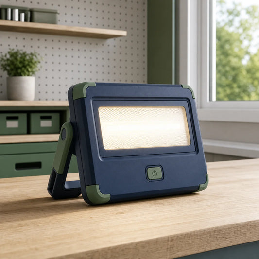 PIMOVO portable work light with adjustable kickstand in a bright workshop