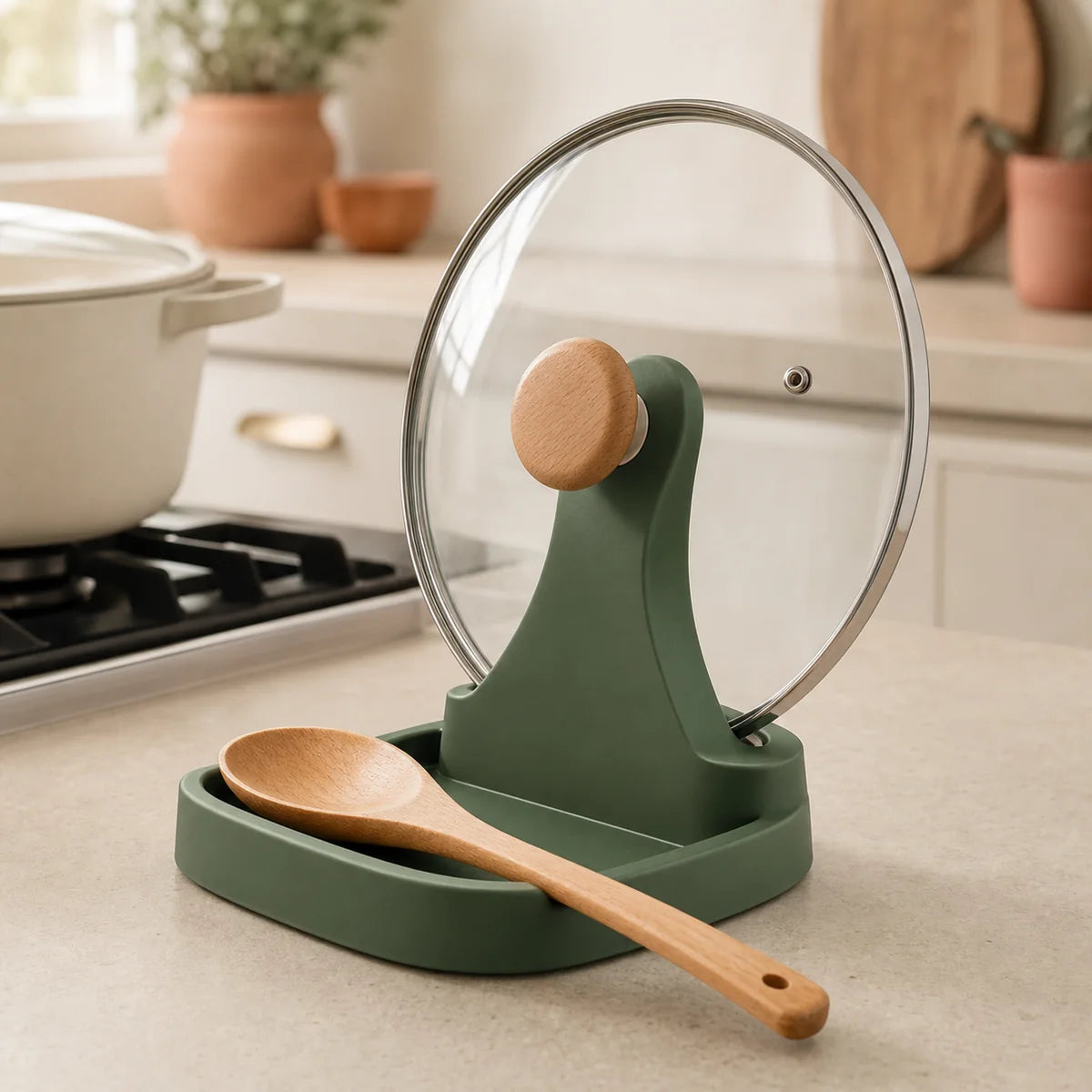 PIMOVO pot lid and spoon rest holding a lid and wooden spoon
