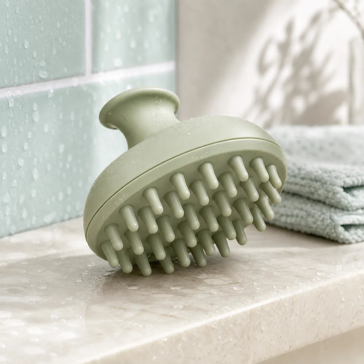 PIMOVO scalp massage brush with rounded nubs in a bright shower setting