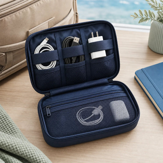 PIMOVO travel tech organizer open with cables arranged in its compartments