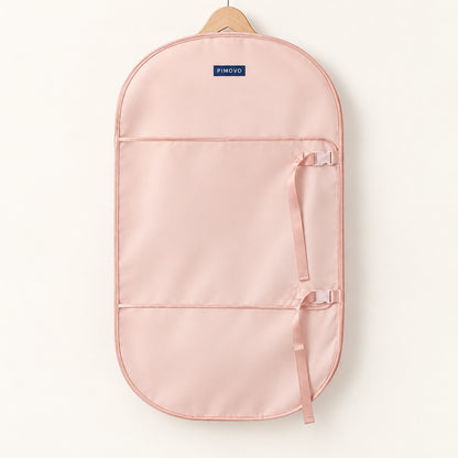 PIMOVO branding concept: the open pink wardrobe wrap on a wooden hanger against a cream background.